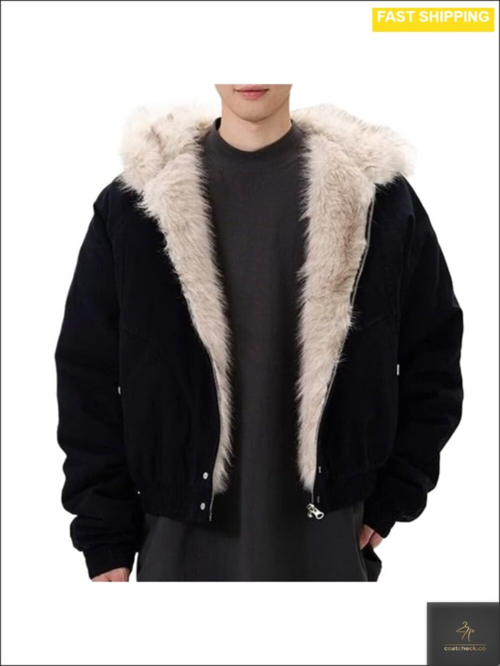 Men's Cotton Hooded Winter Jacket Fur Hood Full Zip Loose Fit Casual Coat
